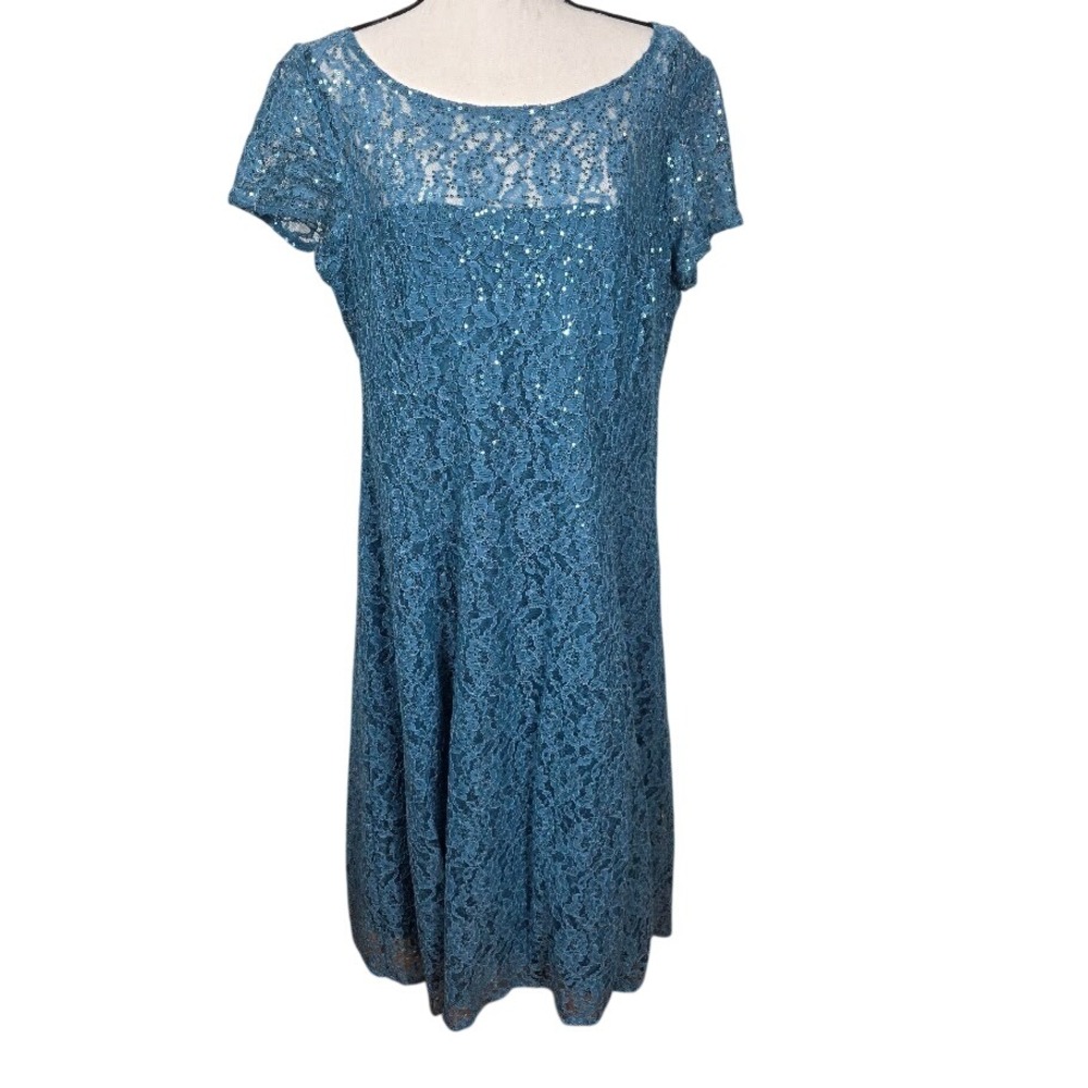 SLNY Lace Sequin Dress Women XL Blue Short Sleeve Formal Cocktail Wedding Lace